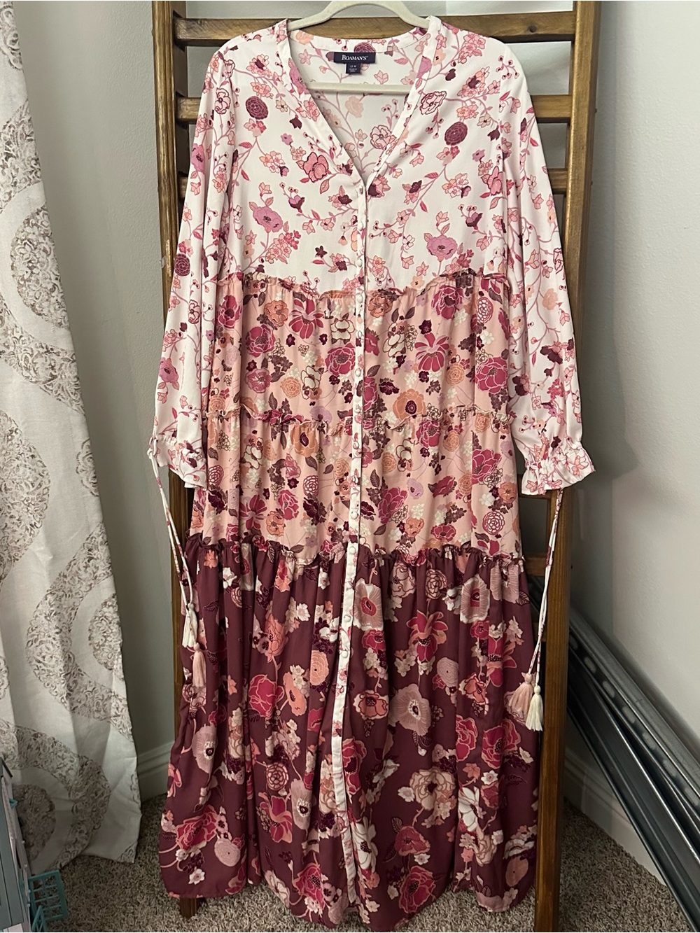 Roaman's Pink and Mauve Floral Tiered Maxi Dress
